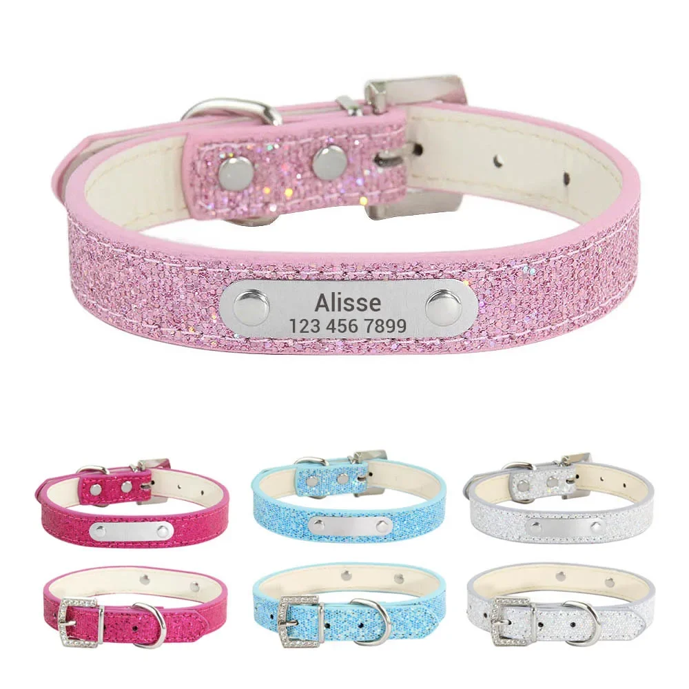 Reflective Dog Collar Personalized Engraved - Collar de perro de cuero brillante